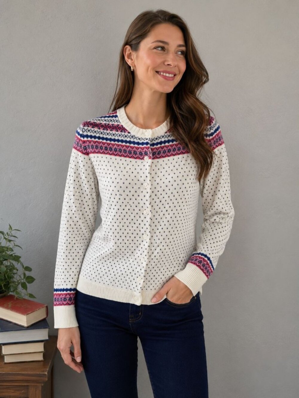 Talbots lambswool Nordic cardigan white polka dot  pink blue Fair Isle striped S